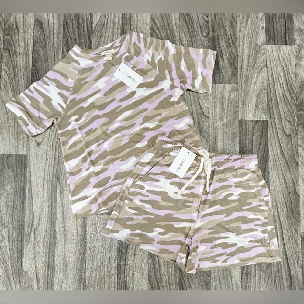 NWT Como Blu Camo Print Lounge Short Set in Purple/Tan Size 1X